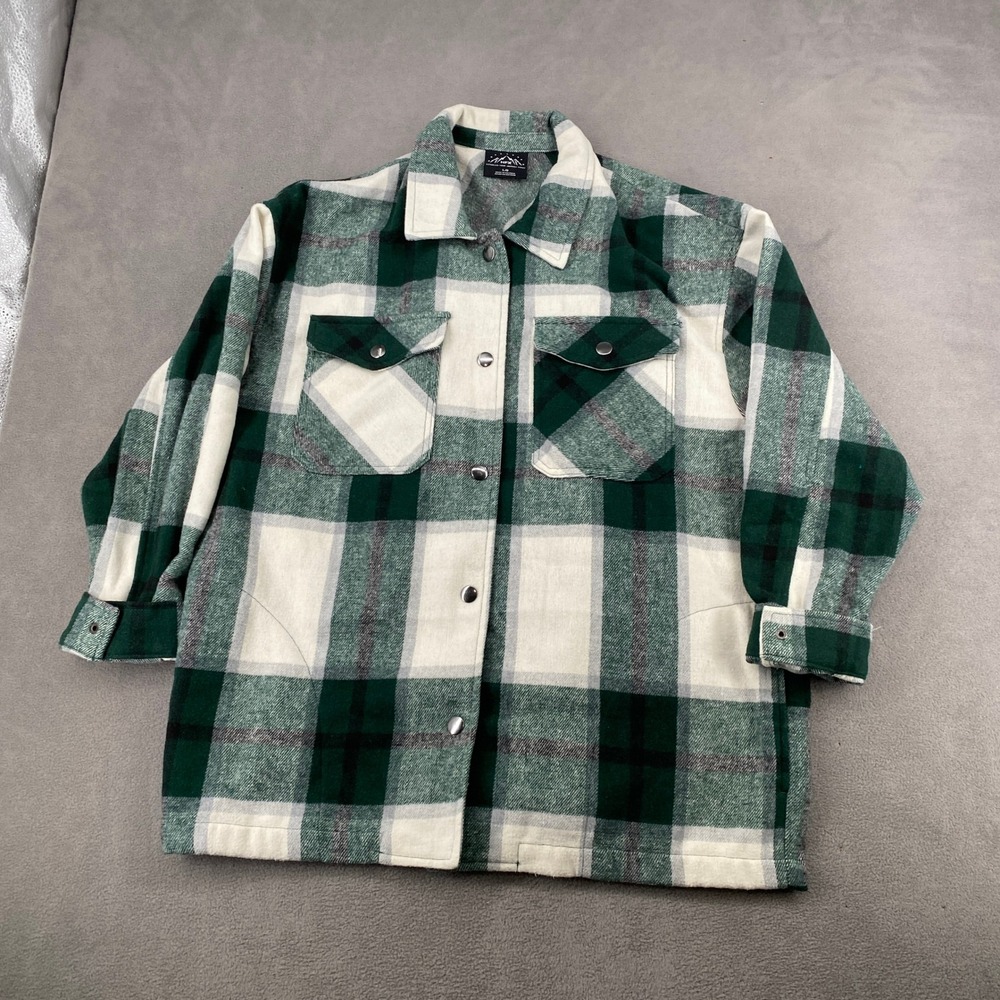 HFX Mens Plaid Flannel Shirt Jacket Green Cream Buffalo Check Large 1534711